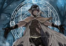 Rule 34 | 1boy, absurdres, artist name, black hair, black pants, brown capelet, brown gloves, brown shirt, cape, capelet, character name, commentary request, cowboy shot, english text, engrish text, closed eyes, gameplay mechanics, gloves, hair over one eye, highres, mage (ragnarok online), magic circle, male focus, outstretched arms, pants, pupuddddy, ragnarok online, ranguage, shirt, short hair, solo, standing, toned, toned male, torn cape, torn clothes, torn pants, torn shirt, veins, white cape