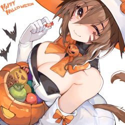 Rule 34 | 1girl, :3, akizone, bare shoulders, bat (animal), bow, breasts, brown eyes, candy, cat girl, cat tail, cleavage, commentary request, food, from above, gloves, hair between eyes, happy halloween, hat, holding, holding candy, holding food, jack-o&#039;-lantern, jacket, large breasts, looking at viewer, one eye closed, orange bow, orange neckwear, original, pumpkin, simple background, smile, solo, star (symbol), tail, white background, white gloves, white hat, white jacket