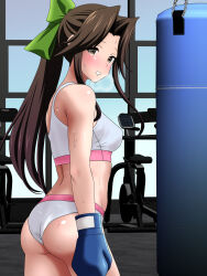Rule 34 | 1girl, absurdres, adapted costume, blush, bow, boxing gloves, brown eyes, brown hair, buruma, from side, green bow, gym, hair bow, highres, indoors, jintsuu (kancolle), kantai collection, long hair, noppo-san, ponytail, punching bag, solo, sports bra, standing, sweat