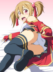 Rule 34 | 10s, 1girl, ass, bare shoulders, black thighhighs, blush, breasts, brown hair, crotch seam, fingerless gloves, gloves, lying, nori tamago, on side, open mouth, panties, pantyshot, red eyes, short hair, silica, skirt, small breasts, solo, sword art online, thighhighs, twintails, underwear, upskirt, white panties