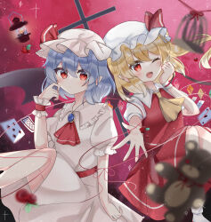 Rule 34 | 2girls, ascot, bat wings, birdcage, blonde hair, blue brooch, blue hair, blurry, blush, brooch, cage, card, closed mouth, commentary, crystal, depth of field, english commentary, flandre scarlet, hat, hat ribbon, hidukihumi, highres, jewelry, lantern, looking at viewer, medium hair, mob cap, multicolored wings, multiple girls, one eye closed, one side up, open mouth, playing card, pointy ears, puffy short sleeves, puffy sleeves, red ascot, red eyes, red skirt, red vest, remilia scarlet, ribbon, short sleeves, siblings, side ponytail, sisters, skirt, skirt set, smile, stuffed animal, stuffed toy, teddy bear, touhou, vest, white headwear, wings, wrist cuffs, yellow ascot