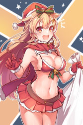 Rule 34 | 1girl, :d, armpits, bare shoulders, bell, bikini, bikini top only, blonde hair, bow, breasts, christmas, cleavage, commentary request, cowboy shot, detached collar, fang, gloves, hair bow, hair flaps, hair ornament, hairclip, hat, holding, holding sack, kantai collection, konnyaku (kk-monmon), long hair, looking at viewer, medium breasts, miniskirt, navel, open mouth, orange eyes, pleated skirt, red bikini, red gloves, red hat, red skirt, sack, santa bikini, santa hat, scarf, sidelocks, skirt, smile, solo, stomach, swimsuit, very long hair, yuudachi (kancolle), yuudachi kai ni (kancolle)