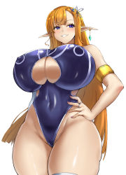 Rule 34 | 1girl, assertive female, asymmetrical bangs, bare shoulders, blonde hair, blue eyes, blush, breasts, cellphone, cleavage, cleavage cutout, clothing cutout, covered erect nipples, earrings, hair ornament, hairclip, highleg, highleg leotard, highres, huge breasts, jewelry, leotard, long hair, modeling, murasaki nami, nail polish, original, phone, pink nails, pointy ears, ring, simple background, smile, solo, teeth, thighs, white background