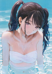 Rule 34 | 1girl, absurdres, ame (uten cancel), bare shoulders, bikini, bikini top only, black hair, blush, breasts, closed mouth, collarbone, highres, idolmaster, idolmaster shiny colors, kazano hiori, long hair, looking at viewer, mole, mole under mouth, navel, partially submerged, purple eyes, scan, shiny skin, simple background, small breasts, smile, solo, stomach, swimsuit, twintails, upper body, water