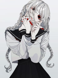 Rule 34 | 1girl, absurdres, blood, blood on face, braid, colored eyelashes, crazy, crop top, female focus, head tilt, high-waist skirt, highres, looking at viewer, numata zombie, original, pale skin, pleated skirt, red eyes, sailor collar, school uniform, simple background, skirt, solo, teeth, twin braids, vial, white background