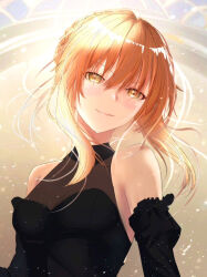 Rule 34 | 1girl, alternate costume, artoria pendragon (all), artoria pendragon (fate), bare shoulders, blonde hair, braid, breasts, cleavage, closed mouth, detached sleeves, dress, fate/grand order, fate (series), giruminasu, light blush, long sleeves, looking at viewer, saber alter, see-through, see-through cleavage, sidelocks, sleeveless, sleeveless dress, small breasts, solo, yellow eyes