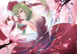 Rule 34 | 1girl, absurdres, arm ribbon, armpits, arms up, breasts, cherry blossoms, cleavage, commentary request, cross-laced footwear, front ponytail, green eyes, green hair, hair ribbon, highres, kagiyama hina, large breasts, long hair, looking at viewer, nano popo02, parted lips, red ribbon, red skirt, ribbon, skirt, solo, touhou