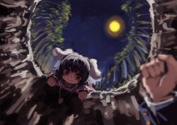 Rule 34 | 1girl, :3, animal ears, bamboo, bamboo forest, berabou, black hair, carrot, carrot necklace, forest, from below, full moon, inaba tewi, jewelry, long sleeves, md5 mismatch, moon, nature, necklace, out of frame, rabbit ears, red eyes, reisen udongein inaba, resized, resolution mismatch, short hair, smile, solo focus, source larger, touhou