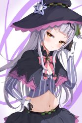 Rule 34 | &gt;:), 1girl, black capelet, black gloves, black headwear, blunt bangs, blush, bow, bowtie, capelet, chain hairband, chizuke illust, closed mouth, cropped shirt, gloves, grey hair, grey shirt, groin, hair bun, hairband, hat, highres, hololive, long hair, long sleeves, looking at viewer, lowleg, lowleg skirt, microskirt, midriff, murasaki shion, murasaki shion (1st costume), navel, pink bow, pink bowtie, purple capelet, shirt, sidelocks, single side bun, skirt, smile, solo, striped clothes, striped shirt, v-shaped eyebrows, vertical-striped clothes, vertical-striped shirt, virtual youtuber, witch, witch hat, yellow eyes