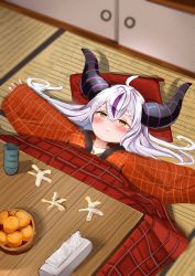 Rule 34 | 1girl, absurdres, ahoge, blush, closed mouth, commentary request, demon horns, hair between eyes, highres, hololive, horns, jacket, kotatsu, la+ darknesss, long hair, long sleeves, looking away, lying, on back, orange hair, outstretched arms, plaid, plaid jacket, purple hair, red jacket, silver hair, sleeves past wrists, solo, spread arms, table, tatami, tissue box, virtual youtuber, yellow eyes, yukimachi urei