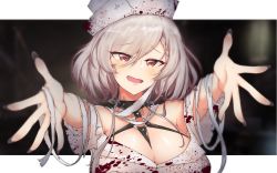 Rule 34 | 1girl, absurdres, bad id, bad pixiv id, bandages, blood, blood on clothes, blush, braid, breasts, cleavage, girls&#039; frontline, hat, highres, kord (girls&#039; frontline), large breasts, looking at viewer, medium hair, nail polish, nurse, nurse cap, open mouth, red eyes, saett, silver hair, simple background, solo