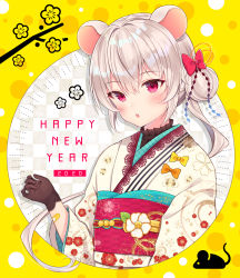 Rule 34 | 1girl, 2020, animal ears, bandaid, bandaid on arm, black gloves, blush, bow, checkered background, cherry blossom print, chinese zodiac, commentary request, floral print, gloves, grey hair, gyozanuko, hair bow, hair bun, happy new year, highres, japanese clothes, kimono, long hair, looking at viewer, mouse (animal), mouse ears, new year, obi, original, parted lips, polka dot, polka dot bow, print kimono, red bow, red eyes, sash, side bun, side ponytail, single hair bun, single side bun, solo, upper body, white kimono, year of the rat