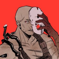 Rule 34 | 1boy, animification, bald, collarbone, dead by daylight, die (kurosb), highres, holding, holding mask, looking at viewer, male focus, mask, unworn mask, open mouth, red background, scar, scar on arm, scar on chest, scar on face, simple background, smile, solo, the trapper (dead by daylight)