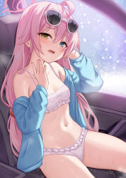 Rule 34 | 1girl, \||/, ahoge, bare shoulders, bikini, blue archive, blue eyes, blue jacket, blush, breasts, car, car interior, collarbone, commentary request, eyewear on head, frilled bikini, frills, hair between eyes, hair bobbles, hair ornament, halo, heterochromia, hoshino (blue archive), hoshino (swimsuit) (blue archive), jacket, long hair, long sleeves, looking at viewer, low twintails, milkshakework, motor vehicle, navel, off shoulder, official alternate costume, open clothes, open jacket, open mouth, petite, pink hair, pink halo, sitting, small breasts, snow, snowing, solo, stomach, sunglasses, sweat, swimsuit, thighs, twintails, very long hair, white-framed eyewear, white bikini, wilted ahoge, winter, yellow eyes