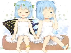 Rule 34 | 2girls, anklet, antennae, aqua hair, bad id, bad pixiv id, barefoot, blue bow, blue eyes, blue flower, blue hair, blush, bow, butterfly wings, cirno, closed eyes, dress, eternity larva, fairy, flower, hair between eyes, hair bow, ice, ice wings, insect wings, jewelry, leaf, leaf on head, multiple girls, one eye closed, open mouth, poco (zdrq3), short hair, simple background, sitting, sleeveless, sleeveless dress, smile, spaghetti strap, touhou, triangle mouth, white background, white dress, wings, yellow flower
