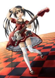 Rule 34 | 1girl, absurdres, alternate color, amamiya hisui, bad id, bad pixiv id, black hair, brown eyes, checkered floor, colorized, dress, electric guitar, fender mustang, floor, full body, guitar, highres, instrument, k-on!, kisaragi miyu, legs, long hair, nakano azusa, perspective, plectrum, solo, thighhighs, twintails, white thighhighs, zettai ryouiki