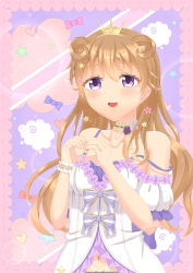 Rule 34 | 1girl, absurdres, artist name, artist request, bare shoulders, blush, bow, bracelet, breasts, brown hair, choker, cleavage, close-up, collarbone, crown, detached collar, double bun, dress, dress bow, female focus, flower, frilled dress, frills, hair between eyes, hair bun, hair flower, hair ornament, hair rings, heart, heart hands, heart print, highres, jewelry, konoe kanata, long hair, looking at viewer, love live!, love live! nijigasaki high school idol club, love live! school idol festival, mini crown, nemureru mori ni ikitai na, nemureru mori ni ikitai na (love live!), parted lips, pearl bracelet, pink bow, plaid, plaid dress, pleated, pleated dress, puffy short sleeves, puffy sleeves, purple bow, purple dress, purple eyes, ribbon, sheep print, short sleeves, smile, solo, star (symbol), star print, upper body, white dress, white flower, white wrist cuffs, wrist cuffs, yellow choker, yellow detached collar