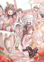 Rule 34 | 10s, 4girls, ahoge, bad id, bad pixiv id, bare shoulders, barefoot, black hair, blue eyes, blush, boots, breasts, brown eyes, brown hair, cherry, cup, double bun, eating, food, food on face, fruit, green-framed eyewear, hair bun, hair ornament, hairband, hairclip, haruna (kancolle), headgear, hiei (kancolle), highres, kantai collection, kirishima (kancolle), kongou (kancolle), large breasts, long hair, looking at another, looking at viewer, mini person, minigirl, multiple girls, nontraditional miko, open mouth, plaid, plaid skirt, pleated skirt, ribbon-trimmed sleeves, ribbon trim, saraki, saucer, short hair, sitting, skirt, smile, spoon, strawberry, teacup, teapot, thigh boots, thighhighs, tiered tray