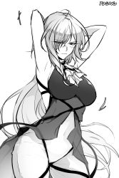 Rule 34 | 1girl, absurdres, ahoge, arknights, armpits, arms behind head, ascot, blush, breasts, cape, commentary, covered navel, dancing, dress, earrings, embarrassed, gladiia (arknights), greyscale, high collar, highres, jewelry, looking at viewer, me!me!me!, me!me!me! dance (meme), medium breasts, meme, monochrome, no headwear, no headwear, pants, pointy ears, solo, tight clothes, tight pants, y0ung