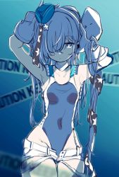 Rule 34 | 1girl, arms up, breasts, caution tape, commentary, competition swimsuit, covered navel, garrison cap, gloves, hair ornament, hair over one eye, hair ribbon, hands on own head, hat, headgear, highres, kantai collection, karin bluez3, long hair, one-piece swimsuit, ribbon, scamp (kancolle), shorts, simple background, small breasts, solo, star (symbol), star hair ornament, star print, swimsuit, swimsuit under clothes, symbol-only commentary, torn clothes