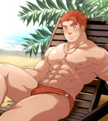 Rule 34 | 1boy, abs, bara, beach, blush, bulge, fafnir (f-kare), feet out of frame, forked eyebrows, jewelry, large pectorals, looking at viewer, male focus, male swimwear, mature male, muscular, muscular male, navel, necklace, nipples, o-ring, o-ring swimsuit, orange hair, pectorals, red male swimwear, short hair, shoukan yuusha to f-kei kareshi, sideburns, smile, solo, stomach, sunfight0201, sunlight, swim briefs, swimsuit, thick eyebrows, thick thighs, thighs, topless male