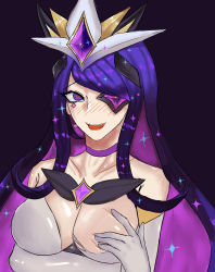 Rule 34 | alternate costume, alternate hair color, alternate hairstyle, blush, grabbing another&#039;s breast, breasts, breasts out, chihel, choker, collarbone, elbow gloves, empty eyes, eyepatch, forehead protector, gloves, grabbing, heart, heart-shaped pupils, highres, large breasts, league of legends, long hair, open mouth, purple eyes, purple hair, star guardian (league of legends), star guardian syndra, symbol-shaped pupils, syndra, white gloves