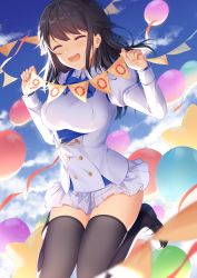 Rule 34 | 1girl, :d, ^ ^, animal ears, artist name, azur lane, balloon, black footwear, black hair, black thighhighs, blue bow, blue bowtie, blue sky, blush, bow, bowtie, breasts, choukai (azur lane), closed eyes, cloud, commentary, day, hair between eyes, hair ornament, holding, juliet sleeves, jumping, large breasts, loafers, long hair, long sleeves, open mouth, outdoors, pennant, pleated skirt, puffy sleeves, rimuu, shirt, shoes, sidelocks, skindentation, skirt, sky, smile, solo, streamers, thighhighs, thighs, watermark