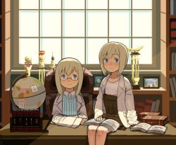 Rule 34 | 2girls, bad id, bad pixiv id, blonde hair, blue eyes, blush, book, chair, collarbone, desk, erica hartmann, glasses, globe, kirusu, multiple girls, photo (object), siblings, sisters, sitting, smile, strike witches, strike witches: suomus misfits squadron, trophy, twins, ursula hartmann, window, world witches series