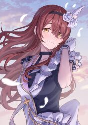 Rule 34 | 1girl, absurdres, asymmetrical clothes, black choker, blush, brown hair, choker, collarbone, commentary request, falling feathers, feathers, floating hair, gloves, hair between eyes, highres, idolmaster, idolmaster shiny colors, light smile, long hair, looking at viewer, osaki tenka, outdoors, simoumi 217, solo, upper body, very long hair, white gloves, wing hair ornament, yellow eyes