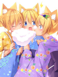 Rule 34 | 1girl, 3girls, ^^^, absurdres, animal ear fluff, animal ears, blue eyes, blue kimono, blueberry hair ornament, blush, cat ears, closed eyes, commentary request, cotton candy, earrings, fangs, floral print, food, food-themed hair ornament, food on face, girl sandwich, hair between eyes, hair bun, hair ornament, hairband, highres, holding, holding food, japanese clothes, jewelry, kimono, long sleeves, multiple girls, obi, open mouth, original, print kimono, profile, purple hairband, purple kimono, sandwiched, sasakura momiji, sash, side bun, single hair bun, single side bun, white background, wide sleeves, yellow kimono