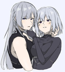 Rule 34 | 2girls, ak-15 (girls&#039; frontline), artworks/95205780, black bodysuit, blush, bodysuit, braid, breasts, cropped torso, girls&#039; frontline, grey hair, hair ornament, hairclip, hand on another&#039;s chin, hand on own chin, highres, hug, hug from behind, long hair, looking at another, looking at viewer, medium breasts, medium hair, multiple girls, open mouth, purple eyes, rpk-16 (girls&#039; frontline), shitamichi 4444, upper body, white background