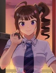 Rule 34 | 1girl, ahoge, black bow, blue necktie, blurry, bokeh, bow, briefcase, brown hair, closed eyes, closed mouth, commentary, depth of field, dress shirt, drill hair, hair bow, holding, idolmaster, idolmaster million live!, kamille (vcx68), looking at viewer, medium hair, necktie, orange sky, over shoulder, purple eyes, school briefcase, school uniform, shirt, short sleeves, side ponytail, sidelocks, sky, smile, solo, twilight, upper body, wing collar, yokoyama nao