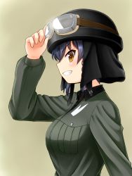 Rule 34 | 10s, 1girl, adjusting clothes, adjusting headwear, anzio military uniform, black hair, black hat, black shirt, braid, brown background, brown eyes, commentary request, dress shirt, from side, girls und panzer, goggles, goggles on headwear, grey jacket, grin, hat, helmet, highres, jacket, long sleeves, looking at viewer, military, military uniform, pepperoni (girls und panzer), ruka (piyopiyopu), shirt, short hair, side braid, simple background, smile, solo, standing, uniform, v-shaped eyebrows