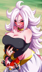 Rule 34 | 2girls, age difference, android 21, bare shoulders, belt, black belt, black eyes, black gloves, black hair, black sclera, bracelet, breast rest, breasts, breasts on head, choker, cleavage, collarbone, colored sclera, colored skin, dragon ball, dragon ball fighterz, dragon ball gt, female pervert, fingerless gloves, gloves, height difference, jewelry, large breasts, long hair, majin android 21, midriff, multiple girls, navel, onee-loli, open mouth, pan (dragon ball), pervert, pink skin, red eyes, ring, rom (20), short hair, smile, tail, white hair, yellow choker, yuri