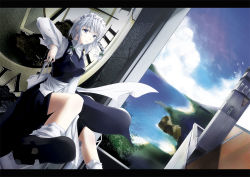 Rule 34 | 1girl, bad id, bad pixiv id, between fingers, bird, blue eyes, bow, clock, clock tower, dutch angle, female focus, gisyo, hair bow, holding, izayoi sakuya, knife, lens flare, letterboxed, light smile, looking at viewer, maid, maid headdress, purple eyes, roman numeral, short hair, sitting, solo, throwing knife, touhou, tower, wallpaper, water, weapon, white hair
