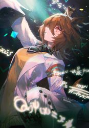 Rule 34 | 1girl, agnes tachyon (umamusume), ahoge, animal ears, artist name, black necktie, breasts, brown hair, confetti, equation, horse ears, lab coat, looking afar, math, medium breasts, medium hair, necktie, orange eyes, outstretched arm, short necktie, sideways mouth, sleeves past fingers, sleeves past wrists, smile, solo, sparkle, sweater, teeth, test tube, umamusume, upper body, welchino, yellow sweater
