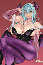 Rule 34 | 1girl, :o, abs, aqua hair, arm up, armpits, bare shoulders, bat wings, black leotard, boots, breasts, bridal gauntlets, capcom, cleavage, collarbone, crossed legs, demon girl, elbow gloves, gloves, green eyes, hair between eyes, hair intakes, head wings, highres, invisible chair, knee boots, koucha indian, large breasts, leotard, long hair, looking at viewer, morrigan aensland, open mouth, pantyhose, purple pantyhose, purple wings, simple background, sitting, solo, vampire (game), wings