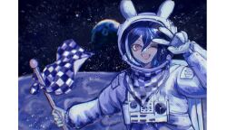 1boy animal_ears animal_ears_helmet animal_helmet astronaut checkered_flag commentary danganronpa_(series) danganronpa_v3:_killing_harmony earth_(planet) flag foca_(sello20582612) hair_between_eyes happy_new_year helmet highres holding holding_flag long_sleeves looking_at_viewer male_focus moon_rabbit neckerchief new_year oma_kokichi on_moon one_eye_closed open_mouth outdoors planet purple_eyes purple_hair rabbit_ears ringed_eyes smile solo space space_helmet spacesuit teeth two-tone_neckerchief upper_body v v_over_eye