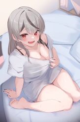 Rule 34 | 1girl, :d, absurdres, alternate costume, arm support, barefoot, black bra, black hair, black nails, blush, bra, bra strap, breasts, cleavage, clothes pull, commentary request, earrings, feet, full body, grey hair, hair over shoulder, highres, hololive, indoors, inuinuo gataken, jewelry, large breasts, looking at viewer, multicolored hair, nail polish, no pants, on bed, open mouth, red eyes, sakamata chloe, shirt, shirt pull, sitting, smile, solo, streaked hair, underwear, virtual youtuber, wariza, white shirt