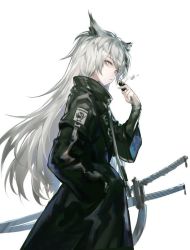 Rule 34 | 1girl, animal ears, arknights, black coat, coat, commentary request, cowboy shot, from side, grey eyes, hair ornament, hairclip, hand in pocket, hand up, high collar, holding, huanxiang heitu, lappland (arknights), long hair, long sleeves, looking at viewer, silver hair, simple background, solo, sword, very long hair, weapon, white background, wolf ears