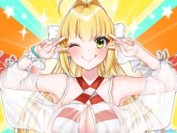 Rule 34 | 1girl, ;q, ahoge, armpits, bikini, blonde hair, blush, bracelet, breasts, cleavage, double v, earrings, emotional engine - full drive, fate/grand order, fate (series), green eyes, hair intakes, hair ribbon, highres, jewelry, long hair, looking at viewer, nero claudius (fate), nero claudius (fate) (all), nero claudius (fate/extra), nero claudius (swimsuit caster) (fate), nero claudius (swimsuit caster) (third ascension) (fate), one eye closed, ribbon, see-through, smile, solo, swimsuit, tongue, tongue out, v, white background, yayoi maka