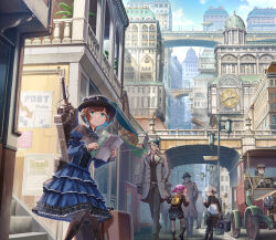 Rule 34 | aircraft, analog clock, architecture, atmospheric perspective, black headwear, blue dress, boater hat, boots, bridge, brown hair, building, car, city, claymore (sword), clock, day, dirigible, dress, earrings, frilled dress, frills, frown, green eyes, hat, highres, holding, holding map, jewelry, juliet sleeves, knee boots, knees together feet apart, lamppost, long sleeves, looking around, map, maruimadoka, motor vehicle, multiple boys, multiple girls, old car, original, outdoors, pantyhose, pointy ears, puffy sleeves, short hair, solo focus, stairs, standing, steampunk, stone walkway, suitcase, sword, victorian, walking, walkway, weapon, weapon on back