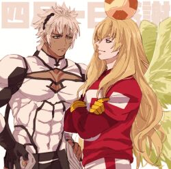 Rule 34 | 2boys, angel wings, ball, black gloves, black hairband, blonde hair, blue eyes, blurry, caenis (fate), cleavage cutout, closed mouth, clothing cutout, covered abs, covered navel, crossed arms, dark-skinned male, dark skin, depth of field, eye contact, fate/grand order, fate (series), fingerless gloves, genderswap, genderswap (ftm), gloves, grey eyes, hair between eyes, hairband, hands on own hips, hinako68, kirschtaria wodime, layered shirt, long hair, long sleeves, looking at another, male focus, multiple boys, multiple wings, muscular, muscular male, official alternate costume, pectoral cleavage, pectorals, ponytail, ponytail holder, red shirt, shirt, simple background, smile, soccer ball, soccer uniform, sportswear, sweatdrop, tight clothes, tight shirt, translated, upper body, white background, white hair, white shirt, wings, yellow gloves, yellow wings