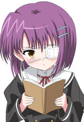 Rule 34 | 1girl, :&lt;, black jacket, blunt ends, blush, bob cut, book, closed mouth, commentary, ef (visual novel), eyepatch, frown, furrowed brow, hair between eyes, hair ornament, hairclip, highres, holding, holding book, jacket, long sleeves, looking at viewer, medium hair, neck ribbon, one eye covered, open book, purple hair, red ribbon, ribbon, sailor collar, school uniform, serafuku, shindou chihiro, silky (silky illust), simple background, solo, upper body, upturned eyes, white background, white sailor collar, wide sleeves, yellow eyes