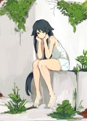Rule 34 | 1girl, artist name, bare arms, bare legs, black hair, clenched hands, closed mouth, dress, green eyes, hair flaps, hands on own cheeks, hands on own face, highres, lansane, long hair, plant, revision, sandals, saya (saya no uta), saya no uta, shoes, sitting, smile, solo, very long hair, white dress, white footwear