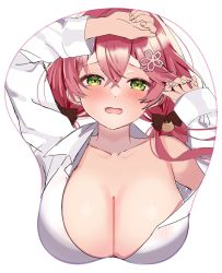 Rule 34 | 1girl, alternate costume, bad id, bad twitter id, blush, breast mousepad, breasts, cleavage, collarbone, green eyes, hair between eyes, hair ornament, hairclip, highres, hololive, large breasts, looking at viewer, loose clothes, motsunuki, mousepad, open mouth, pink hair, sakura miko, solo, virtual youtuber