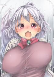 Rule 34 | 1girl, blush, bouncing breasts, bow, bowtie, breasts, brooch, chikado, commentary request, covered erect nipples, feathered wings, heavy breathing, jacket, jewelry, kishin sagume, large breasts, nose blush, open mouth, purple shirt, red bow, red bowtie, red eyes, shirt, short hair, silver hair, simple background, single wing, solo, sweat, touhou, unaligned breasts, upper body, white wings, wings