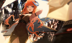 Rule 34 | 1girl, :d, absurdres, alternate costume, arknights, arm behind head, arm strap, arm up, armpits, bad id, bad pixiv id, bagpipe (arknights), bare shoulders, black dress, blurry, blurry foreground, commentary, confetti, covered navel, depth of field, dragon horns, dress, english commentary, female focus, highres, holding, horns, huge filesize, kioroshin, long hair, looking at viewer, open mouth, orange hair, purple eyes, sleeveless, sleeveless dress, smile, solo, stage, underbust, very long hair