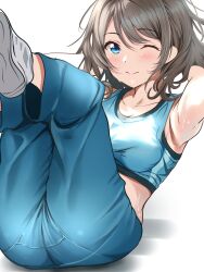 Rule 34 | 1girl, armpits, arms behind head, ass, blue eyes, blue pants, borgbutler, breasts, closed mouth, collarbone, commentary request, exercising, grey hair, highres, legs up, love live!, love live! sunshine!!, medium breasts, midriff, one eye closed, pants, short hair, sit-up, solo, sports bra, sportswear, sweat, watanabe you, white background, white footwear