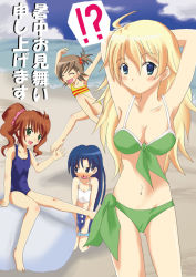 Rule 34 | !?, 4girls, age difference, armpits, beach, bikini, blonde hair, blood, blue eyes, blue hair, blush, breasts, brown hair, child, cleavage, cloud, competition swimsuit, closed eyes, front-tie bikini top, front-tie top, green eyes, green one-piece swimsuit, hands together, hands up, happy, japanese text, jumping, large breasts, looking at another, looking at viewer, looking to the side, multiple girls, nosebleed, one-piece swimsuit, open mouth, ponytail, sand, school swimsuit, shorts, side-tie bikini bottom, sitting, sitting on lap, sitting on person, sky, smile, standing, stone, swimsuit, text focus, translation request, water, yellow one-piece swimsuit